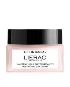 Lierac Lift Integral dnevna krema 50 ml - koži se vraća potpora, mekoća i elastičnost, postaje ponovno zategnuta. Vrlo ugodna formula istovremeno omekšava i hrani. Rozo crna posudica kreme na bijeloj pozadini.