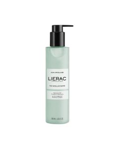 Lierac Micelarna voda 200 ml - 96% prirodnih sastojaka, nježno čisti i uklanja šminku s lica i očiju. U srcu formule je kompleks morskih prebiotika koji čuva i jača mikrobiotu kože.  Zeleno crna bočica s pumpicom na bijeloj pozadini.