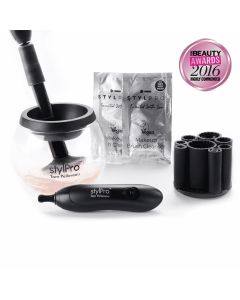 StylPro Set za čišćenje i sušenje make-up kistova - set za čišćenje i sušenje make-up kistova vrti, čisti i suši kistove u manje od 30 sekundi, tako da su odmah spremni za korištenje! Sve što se nalazi u setu na bijeloj pozadini.