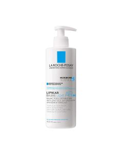 La Roche-Posay LIPIKAR BAUME LIGHT AP+M 400 ml - uravnotežuje mikrobiom kože. Trenutno umiruje kožu i smanjuje osjećaj svrbeži. Prorjeđuje akutna stanja kod suhe kože. BIjelo plava boca s pumpicom na bijeloj pozadini.