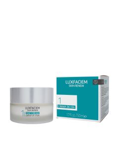 LUXFACIEM dnevna krema 50 ml - hidratantna anti-age krema za lice s dugim i snažnim učinkom, koja potiče prirodnu proizvodnju kolagena. Njeguje kožu, otklanja znakove starenja i smanjuje oksidativni stres. Bijelo zelena kutija i posudica kreme na bijeloj 