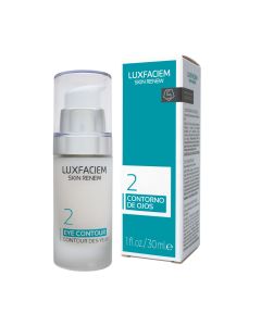 LUXFACIEM krema za područje oko očiju 30 ml - djelovanjem aktivnih sastojaka CAP Peptide 5 i hijaluronske kiseline dolazi do smanjenja znakova starenja kože oko očiju. Bijelo plava bočica i kutija proizvoda na bijeloj pozadini.