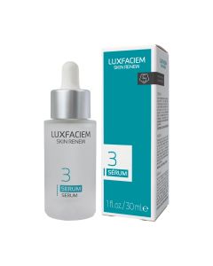 LUXFACIEM Renew serum - regenerirajući serum s učinkom zatezanja za oporavak kožnog tkiva. Pruža potrebne hranjive tvari za zdravu kožu, obnavljajući njenu prirodnu elastičnost, tonus i fleksibilnost. Bijelo plava bočica s pipetom i kutija proizvoda na bi