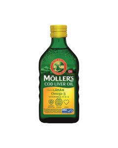 MÖLLER’S Omega 3 ulje limuna 250 ml - iz ulja jetre bakalara proizvodi se od svježeg atlantskog bakalara iz čistih, hladnih voda Lofotena u Norveškoj. Zeleno žuta boca ulja na bijeloj pozadini.