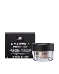 MartiDerm Black Diamond Epigence 145 krema 50 ml - dizajnirana prema epigenetskim kriterijima kako bi pomogla poboljšati otpornost kože, vraćajući joj mlađi izgled: više elastičnosti. Crno bijela kutija i posudica na bijeloj pozadini.