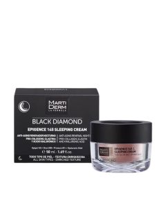 MartiDerm Black Diamond Epigence 145 noćna krema 50 ml - pomaže poboljšati otpornost kože, obnoviti kožu kako bi izgledala mlađe: više elastičnosti, čvrstoće i smanjenje bora. Crno bijela kutija i posudica proizvoda na bijeloj pozadini.