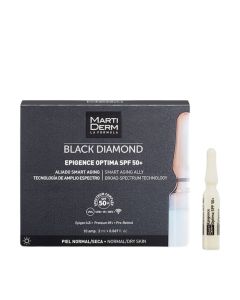 MartiDerm Black Diamond Epigence Optima SPF50+ 10 ampula x 2 ml - revolucionarna globalna formula protiv starenja koja štiti od UV/IR/plavog svjetla i zračenja koje emitiraju wifi i Bluetooth uređaji. Crno bijela kutija i bijela ampula na bijeloj pozadini