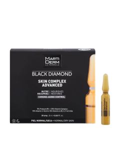 MartiDerm Black Diamond Skin Complex Advanced 30 ampula X 2 ml - sinergija Proteuma 89+ i vitaminskog kompleksa obnavlja i hrani kožu te je ostavlja mekom, mlađeg izgleda i blistavijom. Crna kutija i narančasta ampula na bijeloj pozadini.