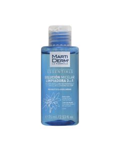MartiDerm Essentials 3-u-1 micelarna voda za čišćenje lica 75 ml - za svakodnevno čišćenje u obliku micelarne otopine koje nježno čisti i uklanja nečistoće i tragove šminke bez isušivanja kože, ostavljajući je čistom i hidratiziranom. Plavo bijela bočica 
