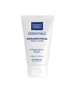 MartiDerm Essentials Piling za lice 50 ml - uravnotežuje kožu uklanjajući nečistoće, mrtve stanice i ožiljke nakon akni, čime se postiže glatkije i blistavije lice. Za sve tipove kože. Bijelo plava tuba proizvoda na bijeloj pozadini.
