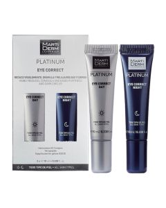 MartiDerm Platinum Eye Correct Day & Night za područje oko očiju 2 x 10 ml - omogućuje specifičniji tretman za smanjenje natečenosti i tamnih podočnjaka, postižući blistaviju kožu. Sivo plava kutija i tube proizvoda na bijeloj pozadini.