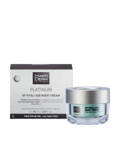 MartiDerm Platinum GF Vital Age noćna krema 50 ml - noćna krema obnavlja kožu od dnevnih agresija, čini je čvršćom i intenzivno hidratizira, za sve tipove kože. Bijelo crna kutija i srebrno zelena posudica proizvoda na bijeloj pozadini.