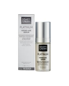 MartiDerm Platinum Krono-Age serum 30 ml - idealan je serum protiv starenja, sprječava i liječi glavne karakteristike krono-starenja i obnavlja oštećenu kožu. Srebrno crna kutija i bočica proizvoda na bijeloj pozadini.