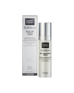 MartiDerm Platinum NECK LINE serum za vrat 50 ml - učvršćujući serum posebno kreiran za njegu najosjetljivijih područja: vrata, dekoltea i konture lica. Srebrno crna kutija i bočica na bijeloj pozadini.