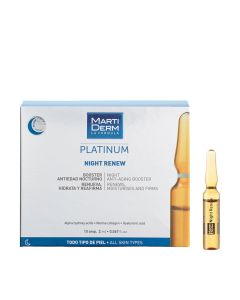 MartiDerm Platinum Night Renew ampula 10 komada x 2 ml - regenerativna formula s anti-age učinkom koja potiče obnovu stanica i poboljšava čvrstoću, elastičnost i hidrataciju kože. Bijelo plava kutija i smeđa ampula na bijeloj pozadini.