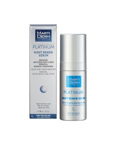 MartiDerm Platinum Night Renew serum 30 ml - sadrži kolagen i hijaluronsku kiselinu za intenzivan učinak protiv starenja, a također pojačava učinak drugih tretmana. Srebrno plava kutija i bočica proizvoda na bijeloj pozadini.