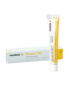 Medela Purelan 100 krema 7 g -  štiti bradavice od isušivanja tijekom dojenja. Sadrži 100% čisti lanolin, bez ikakvih umjetnih dodataka i konzervansa, što znači da ne mora biti uklonjen prije dojenja. Bijelo žuta kutija i tuba proizvoda na bijeloj pozadin