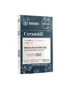 MEDEX Ceramidi, kapsule - Ceramidi, vitamini A, C, E i cink u kapsuli. Prirodni ceramidi Ceramosides™ su izvor svježih ceramida koji doprinose hidrataciji i elastičnosti kože po cijelom tijelu. Crno bež kutija proizvoda na bijeloj pozadini.