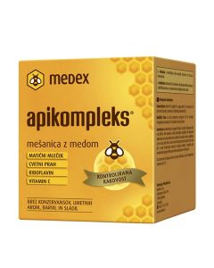 MEDEX Apikompleks® mješavina s medom - više je do samo žličica meda. Sadrži najbolje što pčele nude. Apikompleks mješavina s medom s originalnom recepturom već gotovo 40 godina oduševljava iz generacije u generaciju. Proizvod je u žuto narančastoj kutiji 