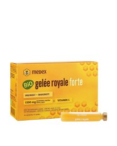 MEDEX BIO gelée royale forte - pomaže da tijelo ne klone! Uz svoju »forte« moć najjači je član Medexove serije proizvoda Gelée royale. Namijenjen je odraslima s vrlo aktivnim, izuzetno opterećenim životnim stilom. Proizvod je u žutoj kutiji na bijeloj poz