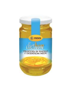 MEDEX Diethon zamjena za med - je bogata i ukusna mješavina fruktoze, sladila i meda. Proizvod je namijenjen za dijetalnu prehranu kod šećerne bolesti. Staklenka s bijelim čepom proizvoda na bijeloj pozadini.