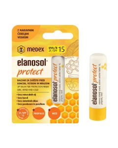 MEDEX Elanosol Protect balzam - za usne za zaštitu od sunca, vjetra i mraza.  Pčelinji vosak zadržava vlagu u koži i štiti je od isušivanja. Žuto narančasta kutija i stik na bijeloj pozadini.