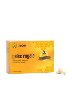 MEDEX Gelée royale kapsule 30x350mg - su dodatak prehrani s 350 mg matične mliječi u jednoj kapsuli. Proizvod je u žutoj kutiji i pokraj njega kapsule na bijeloj pozadini.