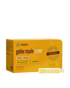 MEDEX Gelée royale super ampule - u praktičnim bočicama čuva kompleksni prirodni sastav matične mliječi i jednostavan je za uzimanje. Jedna bočica sadrži 1000 mg matične mliječi s dodanim vitaminom D. Proizvod je u žutoj kutiji na bijeloj pozadini.