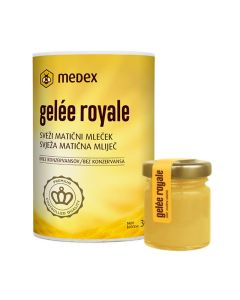 MEDEX Gelée royale svježa matična mliječ - Matičnu mliječ pčele ne skupljaju, već je to izlučevina iz žlijezda mladih pčela radilica, u dobi od pet do dvanaest dana, koje još ne lete. Žuta kutija proizvoda i staklenka na bijeloj pozadini.