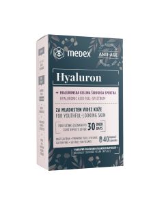 MEDEX Hyaluron, kapsule - Patentirana hijaluronska kiselina ExceptionHYAL® Star ima širok raspon veličine čestica, od 5 do 3.000 kDa. Crno roza kutija proizvoda na bijeloj pozadini.