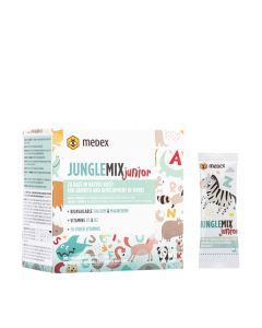 MEDEX Junglemix Junior - za rast i razvoj kosti sadrži bioraspoložive minerale kalcij i magnezij, vitamine D3 i K2 koji međusobnim djelovanjem doprinose boljoj apsorpciji kalcija. Bijelo šarena kutija i vrećica proizvoda na bijeloj pozadini.