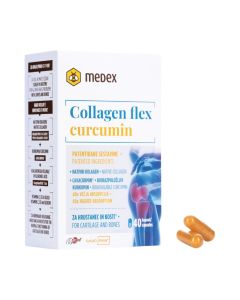 MEDEX Kolagen Flex + Kurkumin - proizvod s nativnim kolagenom s kurkumom, hijaluronskom kiselinom, vitaminima i silicijem u kapsuli za podršku normalnoj funkciji hrskavice i kostiju. Bijelo smeđa kutija na bijeloj pozadini.