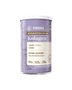 MEDEX Kolagen s vitaminom C u prahu - za lijepu kosu, nokte i kožu. Otopljeni kolagen i vitamin C u prahu dobro se apsorbiraju i pružaju bujniju kosu i lijepe i snažne nokte. LJubičasta limenka proizvoda na bijeloj pozadini.