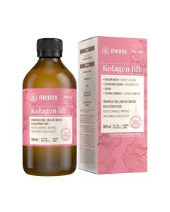 MEDEX Kolagenlift otopina - s patentiranim ribljim kolagenom i dodatkom elastina, hijaluronske kiseline, vitamina i minerala u boci. Roza kutija i boca proizvoda na bijeloj pozadini.