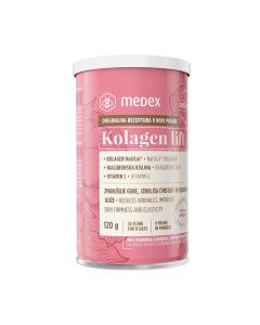 MEDEX Kolagenlift - Redovitim uzimanjem kolagena, koži se vraćaju hranjive tvari koje u prirodnom procesu starenja gubi, a time se pobrinete za očuvanje mladenačkog izgleda. Roza limenka proizvoda na bijeloj pozadini.