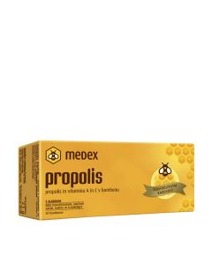 MEDEX Propolis, bomboni - U bombonima smo propolisu dodali vitamine A i C koji imaju ulogu u funkciji imunološkog sustava, a vitamin A pridonosi očuvanju zdravih sluznica. Proizvod je u žuto narančastoj kutiji na bijeloj pozadini.