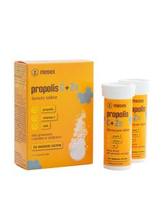 MEDEX Propolis C + Zn šumeće tablete - šumeće su tablete s kojima ćete brzo i jednostavno pripremiti ukusan napitak. Žuto narančasta kutija i bočice proizvoda na bijeloj pozadini.