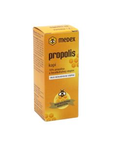 MEDEX Propolis kapi na bezalkoholnoj osnovi 10% -  primjeren za vanjsku primjenu. Njeguje i štiti usta i usnu sluznicu te obnavlja i štiti kožu djece i odraslih. Proizvod je u narančasto žutoj kutiji na bijeloj pozadini.