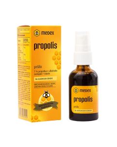 MEDEX Propolis spray u alkoholnoj otopini - s dodanim niacinom koji doprinosi održavanju normalnih sluznica. Propolis u spreju odlikuje jak okus propolisa, jer sadrži 7 % propolisa na alkoholnoj bazi. Proizvod je u narančasto žutoj kutiji i bočica s sprej