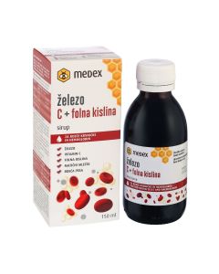 MEDEX Sirup Željezo C + folna kiselina - s matičnom mliječi i sokom od cikle za crvene krvne stanice i hemoglobin ima odličan okus. Bijelo crvena kutija i bočica proizvoda na bijeloj pozadini.