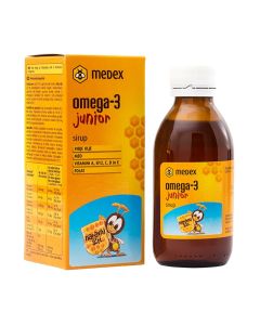 MEDEX Sirup Omega-3 junior - Sirup od meda s omega-3 masnim kiselinama, koje su od ključnog značenja za mozak, razvoj vida, srca i imunološki sustav. Žuto narančasta kutija i bočica proizvoda na bijeloj pozadini.