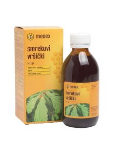 MEDEX Sirup Smrekini vršci - Osim medene osnove sirup sadrži još više vitamina A, koji pridonosi očuvanju zdravih sluznica, te vitamin C koji ima ulogu u funkciji imunološkog sustava. Žuto narančasta kutija i bočica proizvoda na bijeloj pozadini.