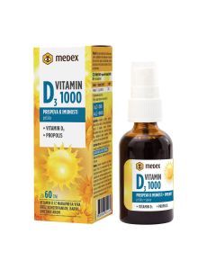 MEDEX Vitamin D3 1000 sprej - za brzu i učinkovitu apsorpciju vitamina D3 kroz oralnu sluznicu! Bez konzervansa, umjetnih aroma i boja. Izvrsnog okusa, s dodatkom propolisa. Žuto plava kutija i bočica s špricom na bijeloj pozadini.