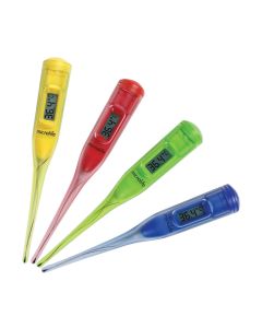 Microlife Digitalni termometar MT 50 - 60 SEC - mjerenje za 60 sekundi. Otopina bez žive. Memorija dizajn u boji - dostupno u 4 boje: žuta, zelena, crvena i plava. Termometri različitih boja na bijeloj pozadini.