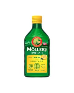 MÖLLER’S Omega 3 ulje limuna 250 ml - iz ulja jetre bakalara proizvodi se od svježeg atlantskog bakalara iz čistih, hladnih voda Lofotena u Norveškoj. Zeleno žuta boca ulja na bijeloj pozadini.
