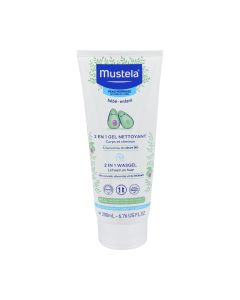 Mustela 2 u 1 gel za pranje kose i tijela 200 ml - ovaj gel za pranje 2 u 1 s avokadom nježno pere bebinu kožu i kosu. Bijelo zeleno plava tuba proizvoda na bijeloj pozadini.