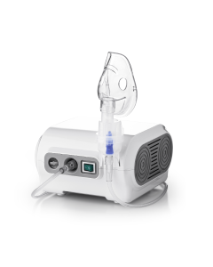 NANO ProAir kompresorski inhalator - je proizvod razvijen za uspješno liječenje astme, KOPB-a, alergija i drugih respiratornih oboljenja. Bijelo sivi inhalator na bijeloj pozadini.