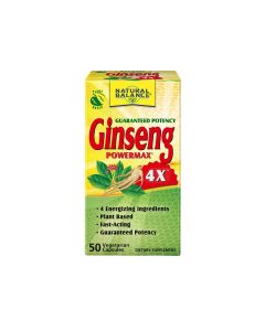 Natural Balance Ginseng 4X™ - je jedinstvena kombinacija četiri energetska sastojka ginsenga. Proizvod je u zeleno žutoj kutiji na bijeloj pozadini.