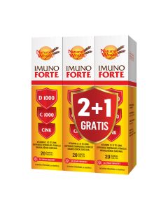 Natural Wealth Imuno Forte šumeće tablete s vitaminom D, C i cinkom 2+1 GRATIS - vitamini C i D te cink doprinose normalnoj funkciji imunološkog sustava. Bijelo crveno narančasta kutija na bijeloj pozadini.