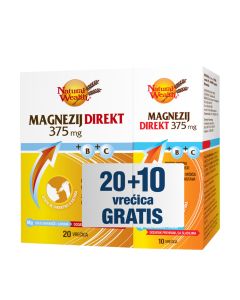 Natural Wealth Magnezij Direkt 375 mg +B+C 20+10 - Granule za otapanje u ustima osvježavajućeg okusa, s prirodnim aromama naranče i limuna. Bijelo narančasto plava kutija proizvoda na bijeloj pozadini.